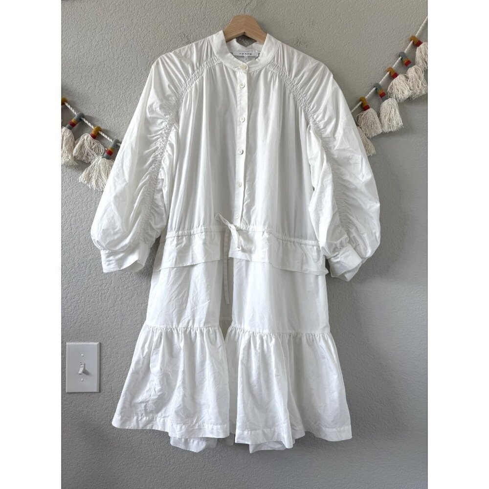 FRAME Ruched Sleeve Tiered Tie Mini Shirt Dress Blanc White Modest Minimalist M